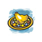 Easter chicken hen sitting on eggs sticker, colorful cartoon design
