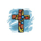 Floral cross sticker with blue splash and colorful Easter flowers, black outline