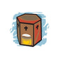 Religious box sticker with brown cube and black cross, red side, yellow lit front
