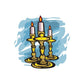Easter three-candle sticker with three gold candlesticks and lit black candles on blue splash