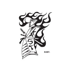 Eastern spray can decal, black-and-white graffiti figure holding spray can