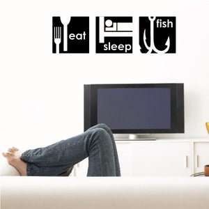 Eat sleep fish wall decal set with fork, spoon, and fish icons in black.