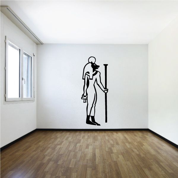 Anubis jackal outline decal holding a staff, black vinyl wall decal