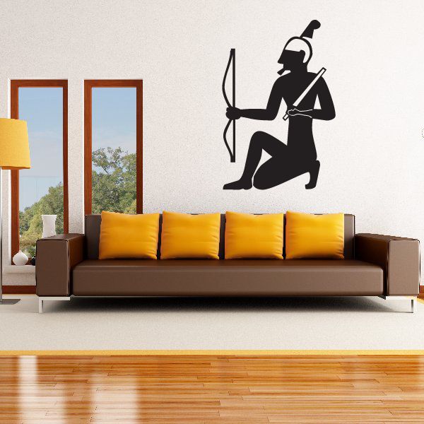 Egyptian archer wall decal, black kneeling figure with bow and arrow silhouette