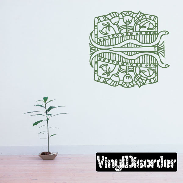 Egyptian art decal, green woven boat and lotus pattern
