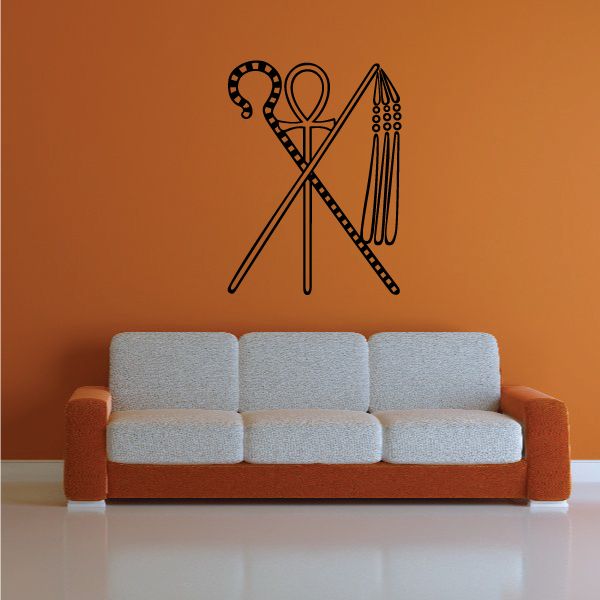 Egyptian ankh crook and flail wall decal, black line art symbols
