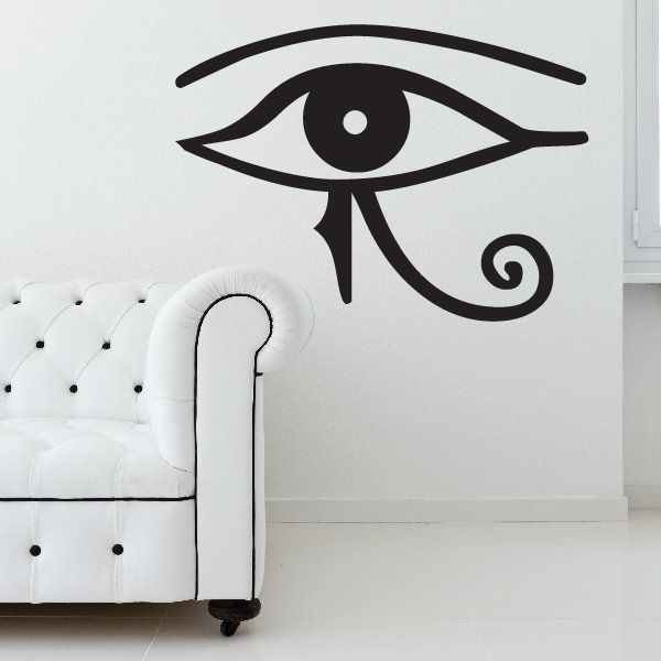 Black Egyptian eye of Amon Ra wall decal with arched lashes and curled tail