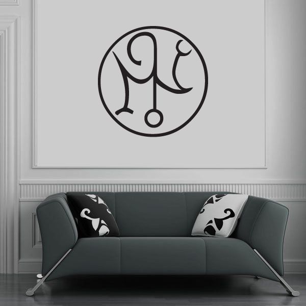 Egyptian figure symbol decal, black circular outline with stylized figure