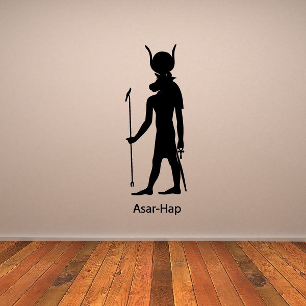 Egyptian god Asar-Hap decal, black standing figure holding staff, silhouette wall sticker