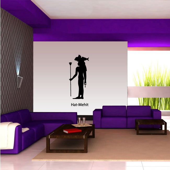 Black Egyptian God Hat-Mehit wall decal silhouette with tall staff and base