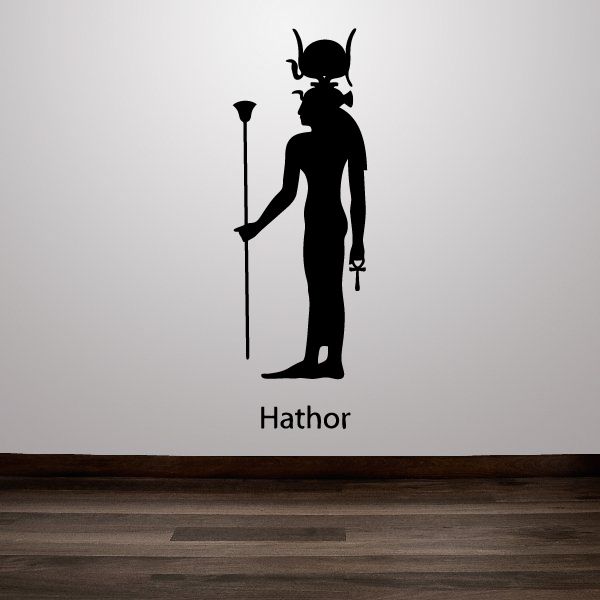 Hathor Egyptian god decal, black silhouette standing with staff and ankh emblem