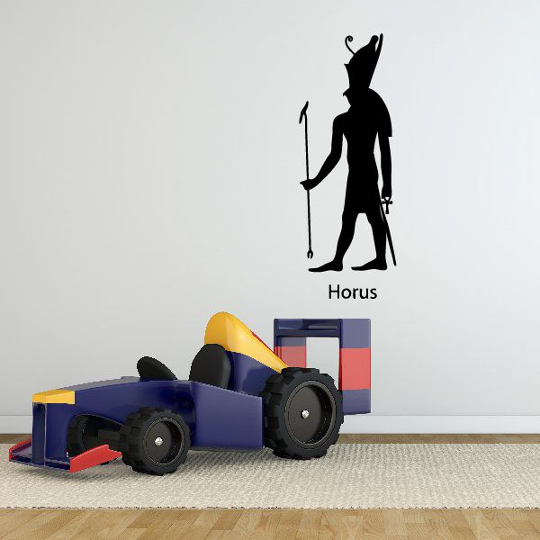 Horus deity wall decal, black silhouette figure with staff and winged head