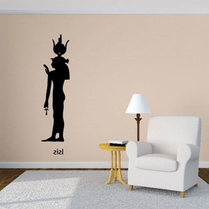 Egyptian goddess wall decal, black silhouette figure with headdress and staff