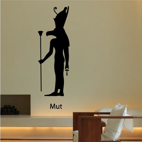 Egyptian god Mut wall decal, black silhouette with scepter and label 'Mut'