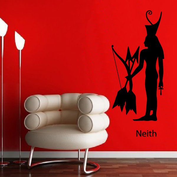 Egyptian god Neith holding bow and arrows decal, black silhouette with 'Neith' text