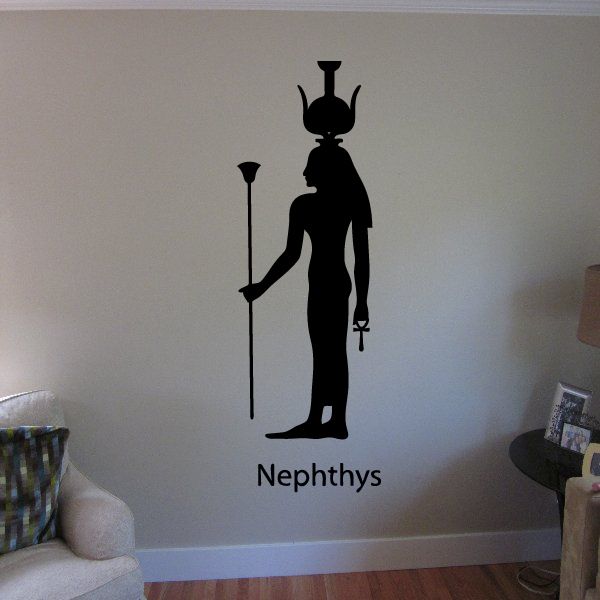 Egyptian god Nephthys wall decal: black standing figure with staff, labeled 'Nephthys'.
