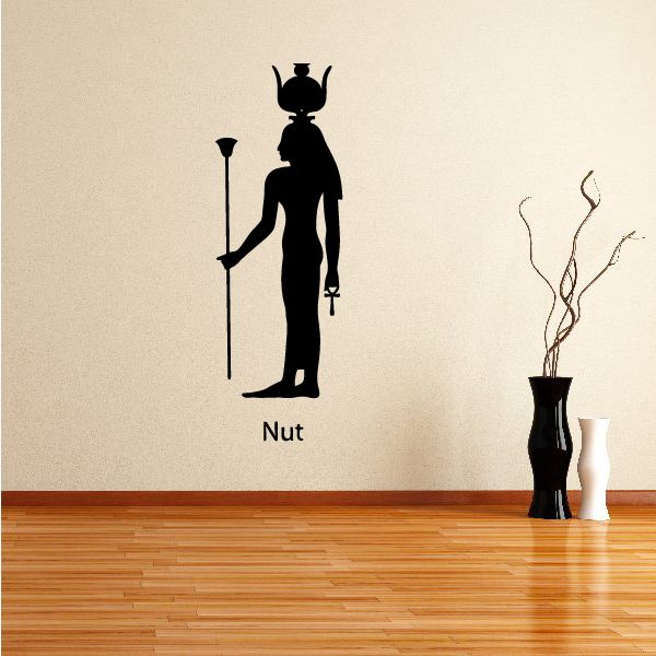 Egyptian god Nut wall decal, black standing silhouette holding a staff
