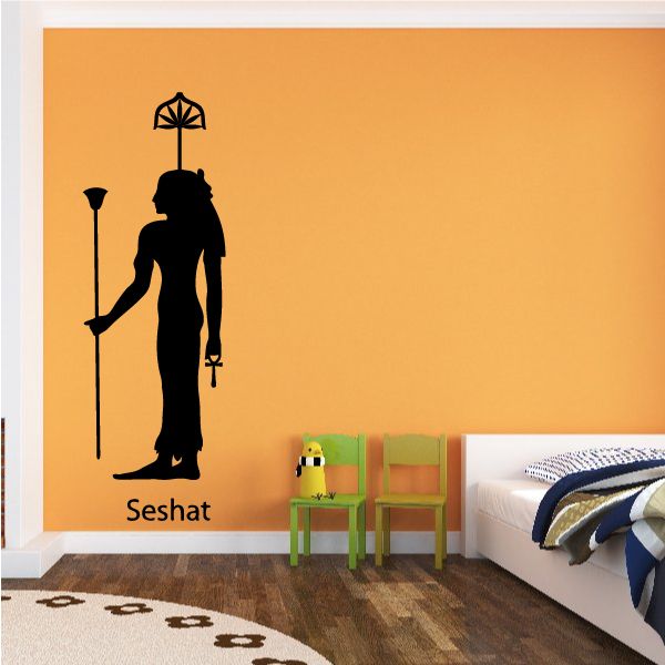 Egyptian goddess decal of Seshat silhouette holding staff and lamp, black design
