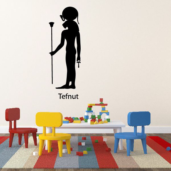 Black Tefnut Egyptian-style deity wall decal, woman silhouette with headdress and staff.