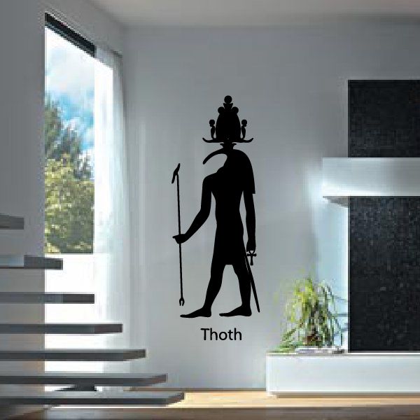Egyptian god Thoth wall decal, black silhouette holding a staff and staff details