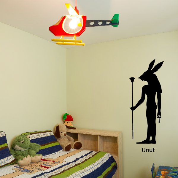 Egyptian god Unut wall decal, black jackal silhouette with staff and word Unut