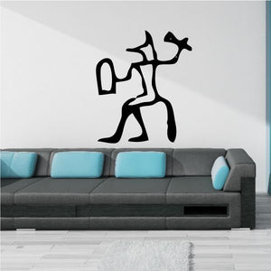 Egyptian crouching warrior wall decal with hieroglyphic styling, black silhouette