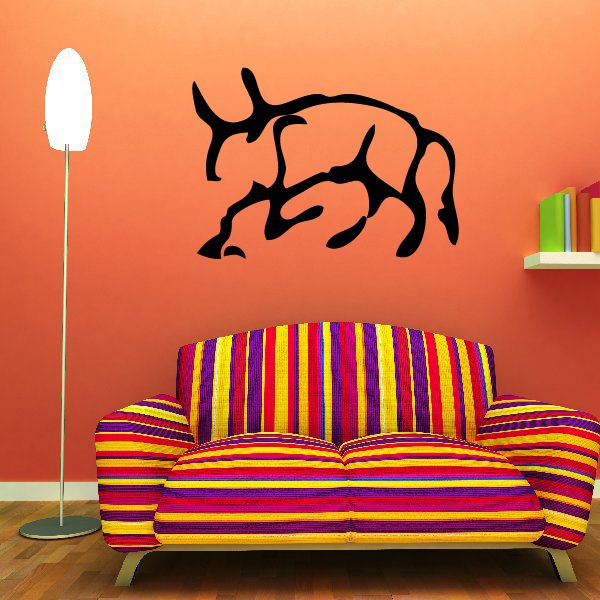 Rhino wall decal with black silhouette and hieroglyphic-style markings