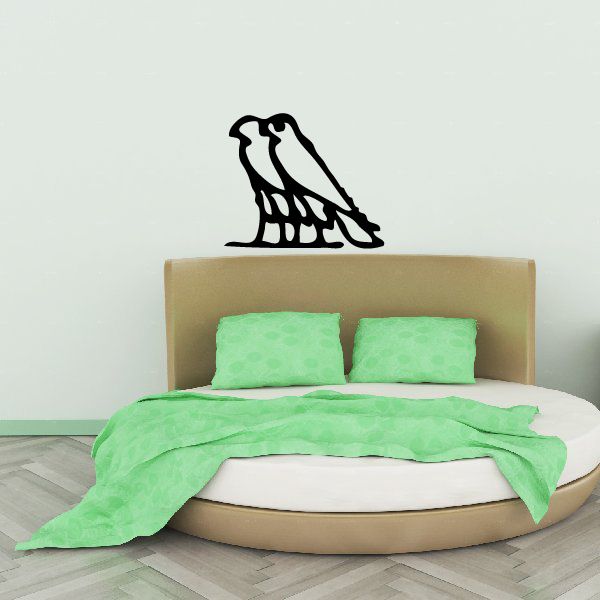Egyptian hieroglyphics vinyl wall decal, black symbol silhouette above bed