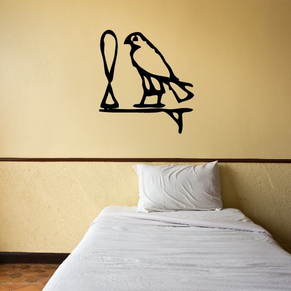 Egyptian hieroglyphics wall decal in black: ankh and bird on a stand.
