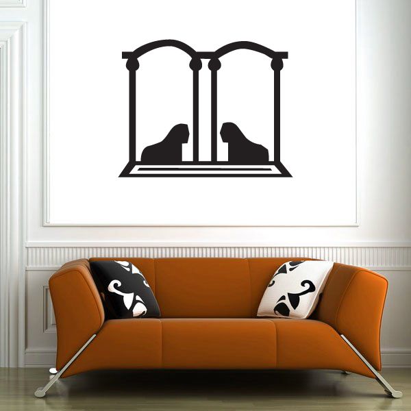 Egyptian sphinx wall decal vinyl, black arched silhouette with two lions on steps