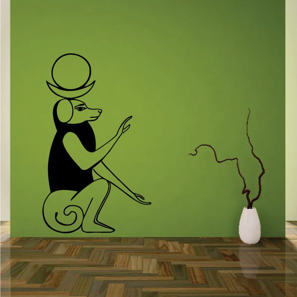 Egyptian cat deity vinyl wall decal in black, curled tail and swirl