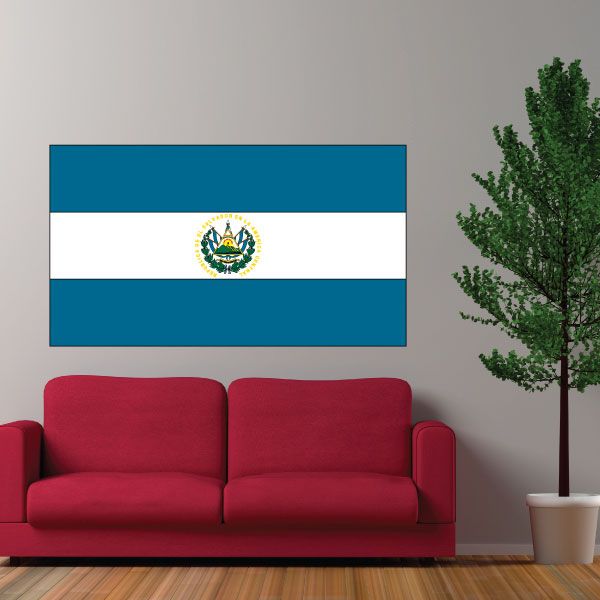 El Salvador flag sticker with central coat of arms, blue-white-blue horizontal stripes