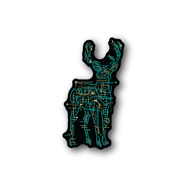 Electric deer vinyl sticker with teal circuit line art and antlers
