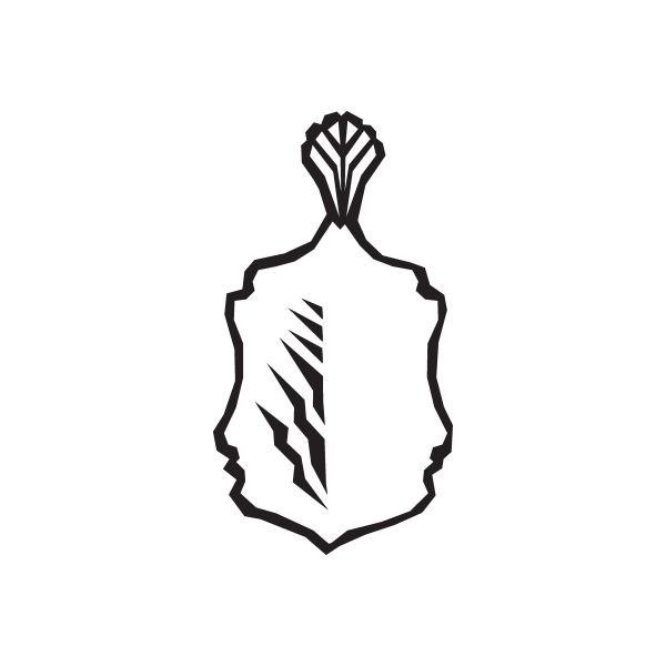 Black shield-shaped cutting board decal with stylized feather logo