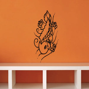Fish and rose wall decal in black line art, ornate koi-style goldfish design