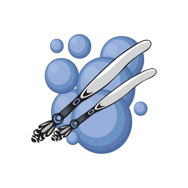 Knife sticker with two crossed silver blades and black handles over blue bubbles