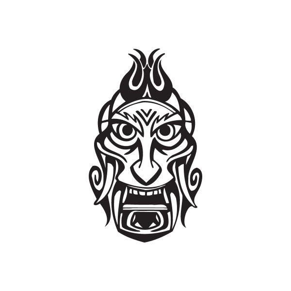 Elemental tiki decal, black tribal face with flame head and wavy tribal lines
