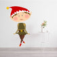 Cartoon elf courtesy sticker with red hat and green outfit, brown belt and boots