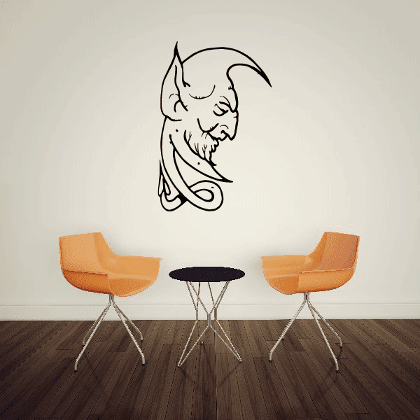 Elf ear moon wall decal of outlined elf face with curled ears and moon