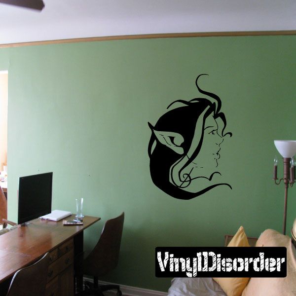 Elf girl head decal, stylized profile face silhouette in dark color