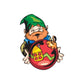 Cartoon elf ornament sticker with green hat holding a red ball with face