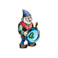Elf sticker holding a blue tree ornament, red and green outfit, white beard