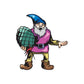 Cartoon elf sticker in blue cap and purple shirt, holding green pinecone ornament