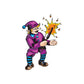 Cartoon elf sticker in purple holding a holiday sparkler with star-like sparks