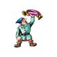 Cartoon elf character sticker with green outfit, purple hat, and pink candy detail