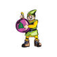 Elf sticker: smiling green-clad elf holding purple ornament ball with green tree.