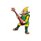 Cartoon elf sticker wearing green shirt and striped tights, holding a wand with a star