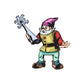Elf sticker: cartoon bearded elf in red vest and hat, holding a blue snowflake.