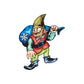 Cartoon elf sticker holding snow sack, green outfit, red vest, blue mitts