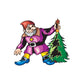 Cartoon elf sticker holding a green Christmas tree, red hat, purple coat, yellow belt